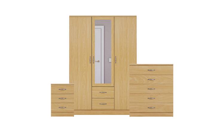 Vida Designs Riano Bedroom Set (Bedside, 5 Drawer Chest, Mirror Wardrobe) - Pine
