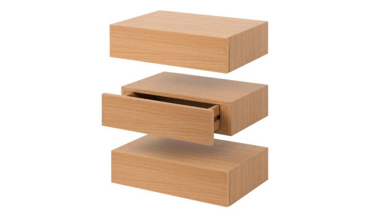 Harbour Housewares Wooden Floating Shelves with Drawer Pack of 3 - Light Oak