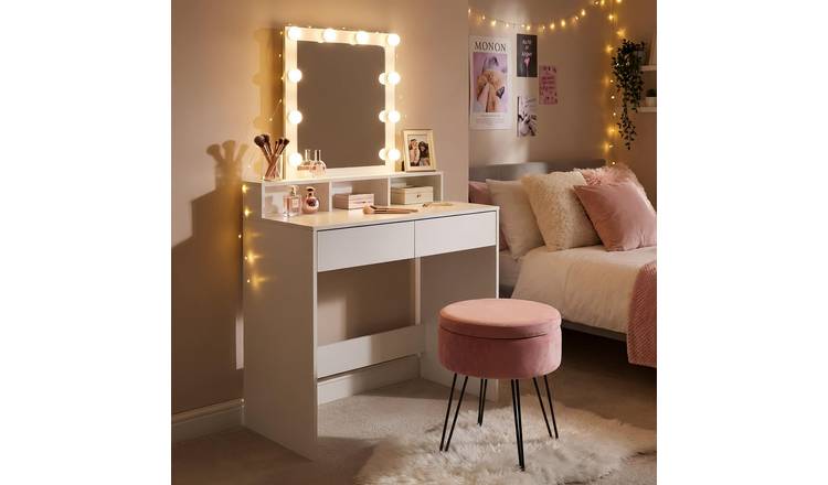 Harbour Housewares Wooden Dressing Table with LED Lights & Stool Set - Pink