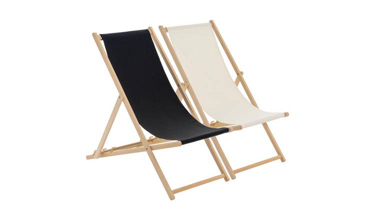 Harbour Housewares Folding Wooden Deck Chairs - Black/Cream - Pack of 2