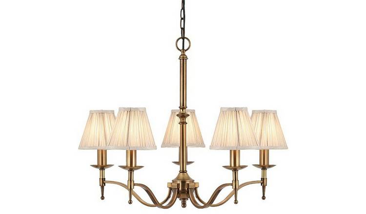 Loops Direct Stanford Beige Shade Steel 5 Lamp Pendant - Antique Brass