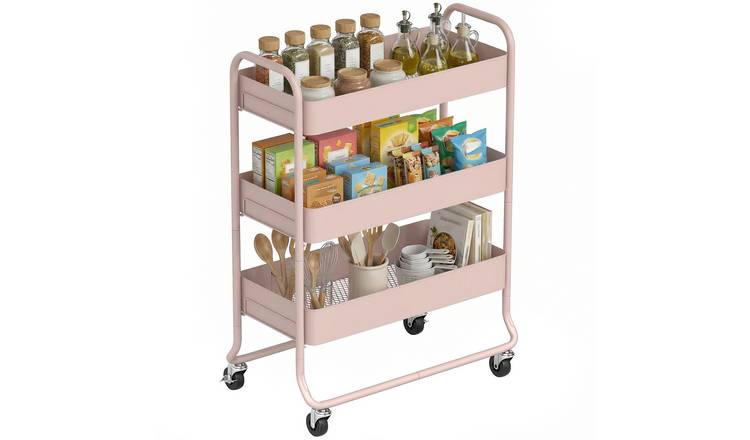 HOMCOM 3 Tier Metal Storage Trolley with Mesh Backets - Light Pink