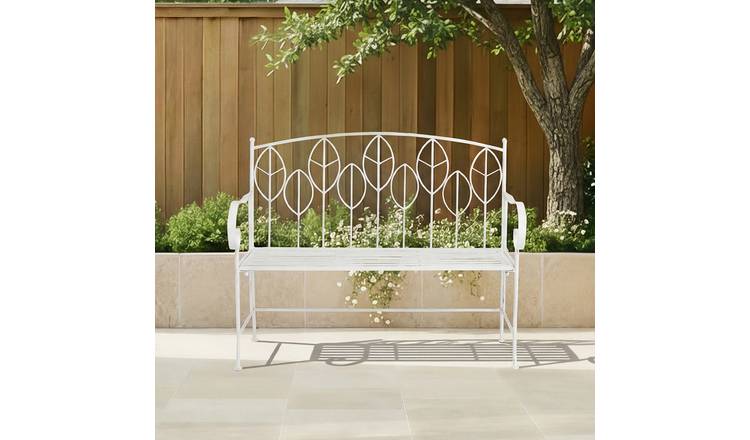 Charles Bentley Leaf Design Rustic Metal Garden Bench - White