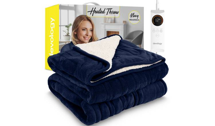 Devology Navy Shearling Electric Blanket Throw 6 Settings - Double