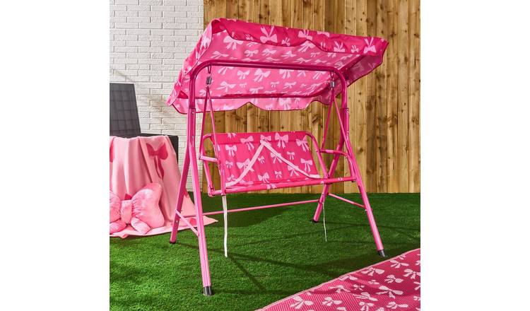 OHS Kids 2 Seater Swing Bench Garden Patio Play Set - Pink Bows