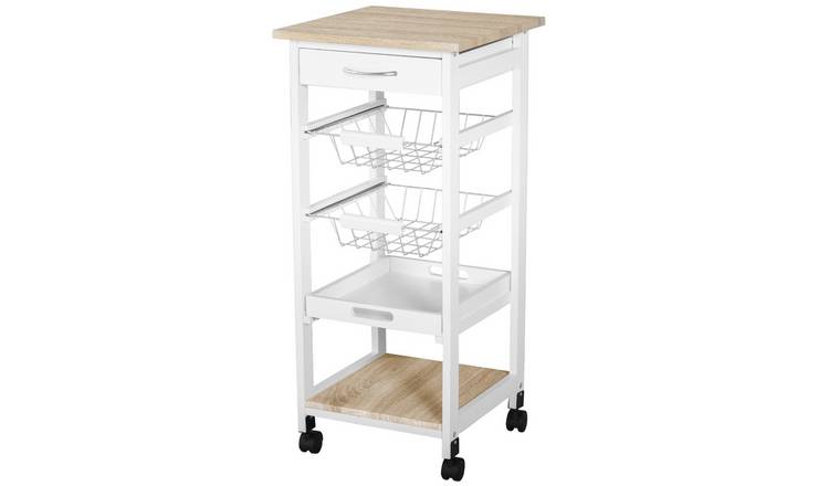 HOMCOM Kitchen Island Trolley with Metal Baskets Trays - White