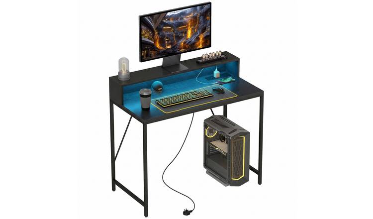 HOMCOM 100cm Computer Desk with LED Lights and Power Outlets - Black Wood-Effect