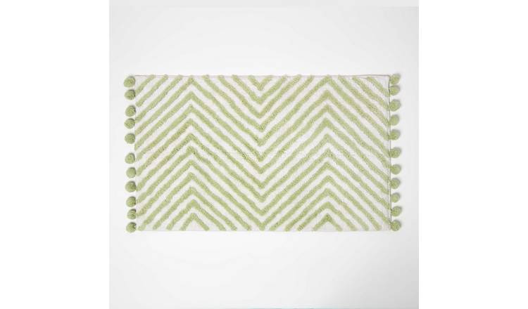 Homescapes Zig Zag Tuftet Bath Mat with Pom Pom Edges - Green