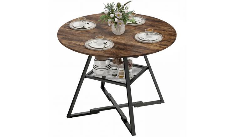 HOMCOM Round Dining Table With Storage Shelf 4-Seater – Rustic Brown