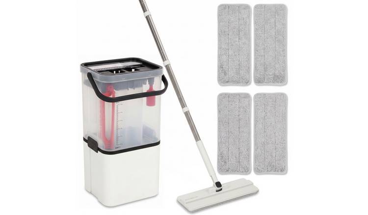 HOMCOM 2 Chamber Wet and Dry 5 Microfibre Pads Flat Mop and Bucket Set – White