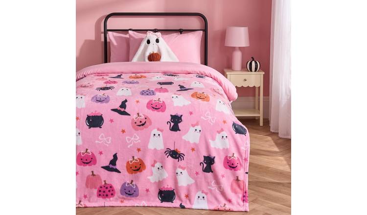 OHS Halloween Ghost Print Polar Fleece Throw - 120 x 150cm - Pink