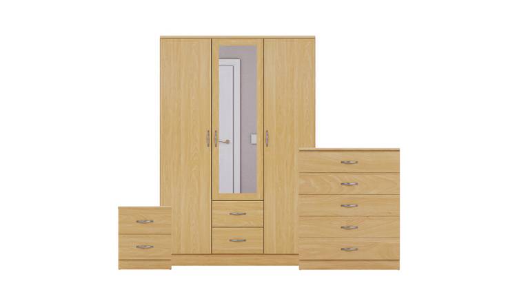 Vida Designs Riano Bedroom Set (Bedside, 5 Drawer Chest, Mirror Wardrobe) - Pine