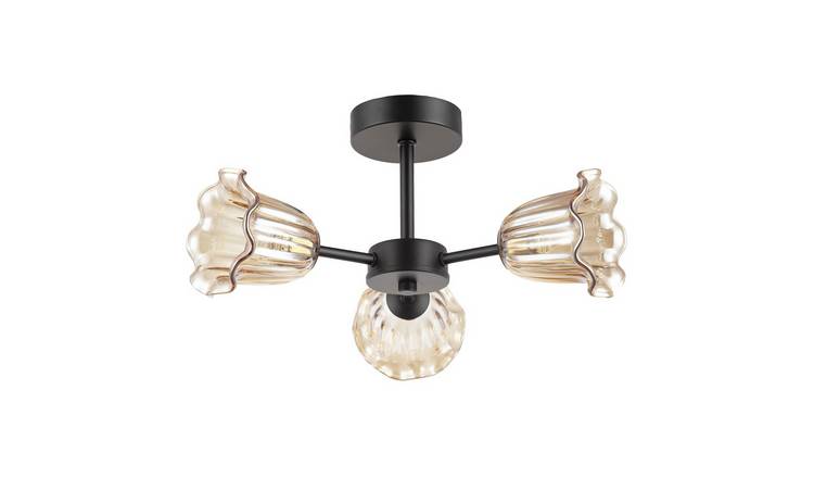 Happy Homewares Matte Black with Amber Floral Glass Ceiling Light - 44cm