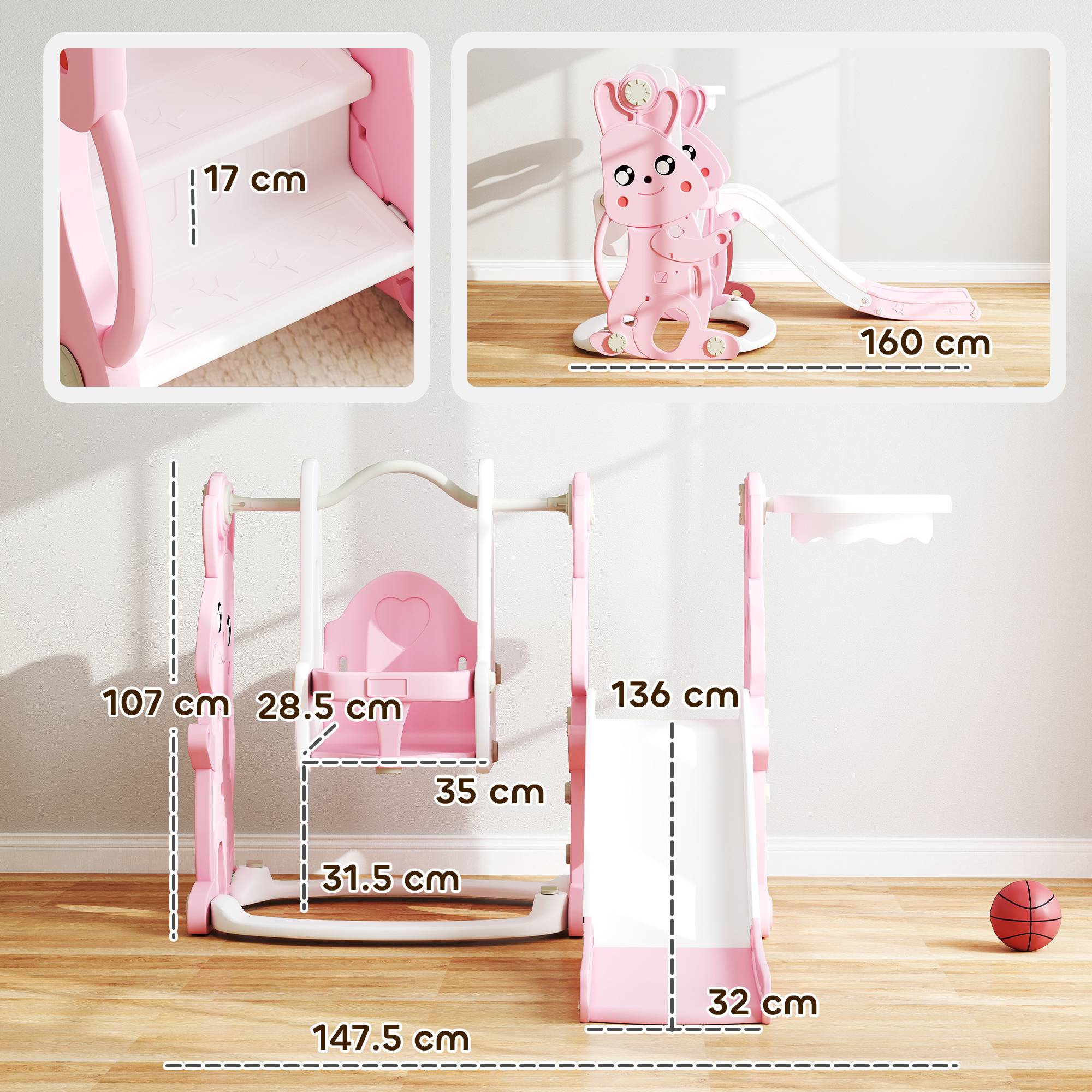 AIYAPLAY 4 in 1 Indoor Outdoor Kids Swing Set - Pink - Image 3