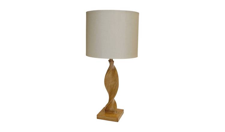 Loops Direct Poly Resin Table Lamp - Oak Effect Resin and Natural Linen