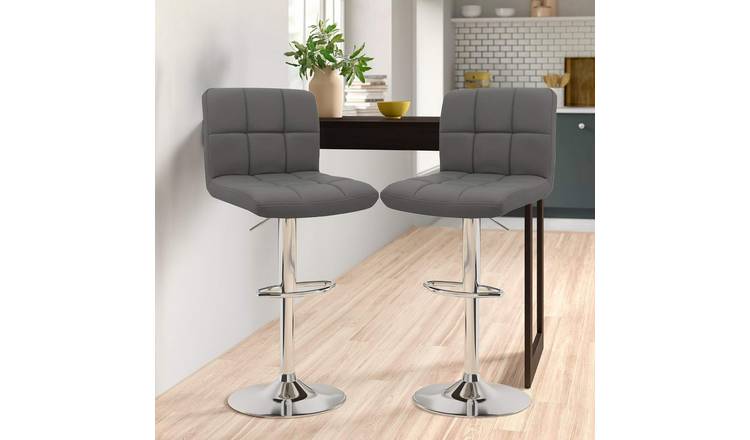 Neo Set of 2 Faux Leather Bar Stools with Polished Chrome Legs - Dark Grey