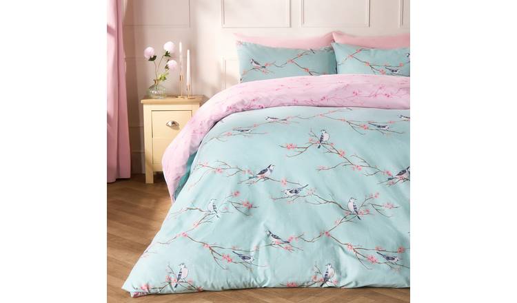 OHS Blossom Bird Reversible Duvet Cover Set Duck Egg - Double
