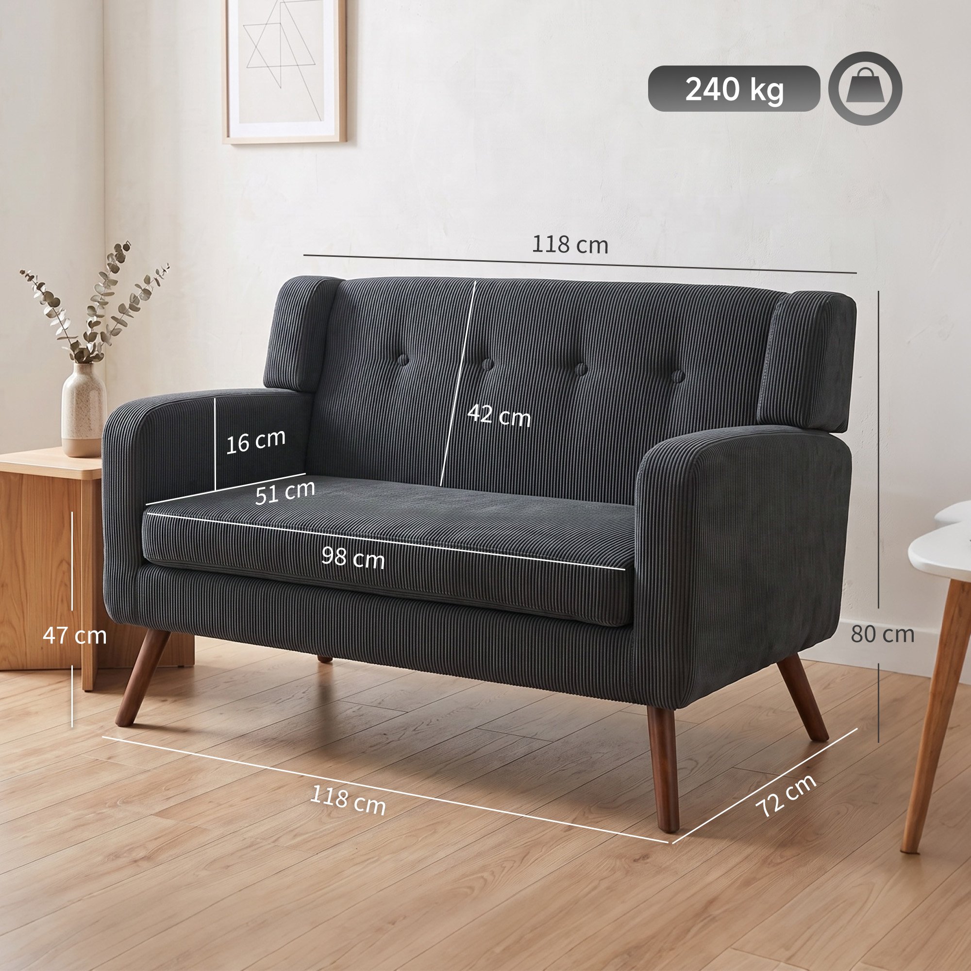 HOMCOM 2 Seater Compact Tufted Loveseat Sofa - Dark Grey - Image 7