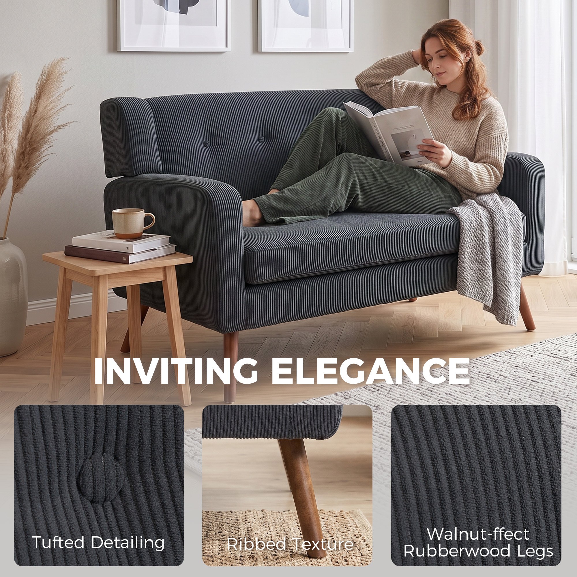 HOMCOM 2 Seater Compact Tufted Loveseat Sofa - Dark Grey - Image 6
