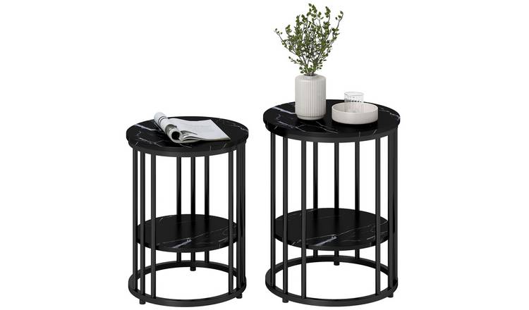 Homcom Set of 2 Round Marble Effect Steel Frame Coffee Tables – Black