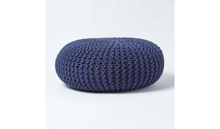 Homescapes Large Round Cotton Knitted Pouffe Footstool – Navy Blue