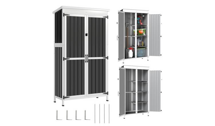 Outsunny Fir Wood and Steel 3 Shelf Double Door Garden Storage Shed – White