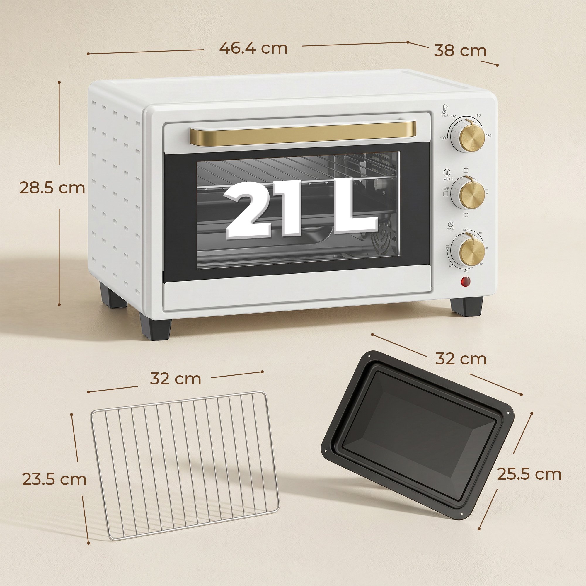HOMCOM 21L Mini Oven with Grill & Adjustable Temperature - 1400W White - Image 3