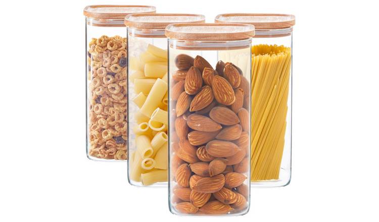 Argon Tableware Square Glass Storage Jars with Wooden Lids - Pack of 4