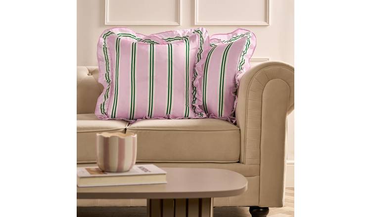 OHS 2 Pack Stripe Frill Cushion Covers 45 x 45cm - Pink/Green