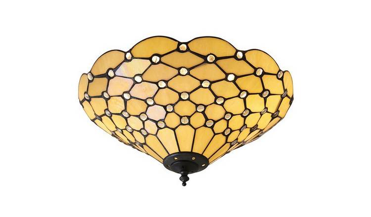 Loops Direct Tiffany Glass and Steel Semi-Flush Ceiling Light - Amber 2 Lights