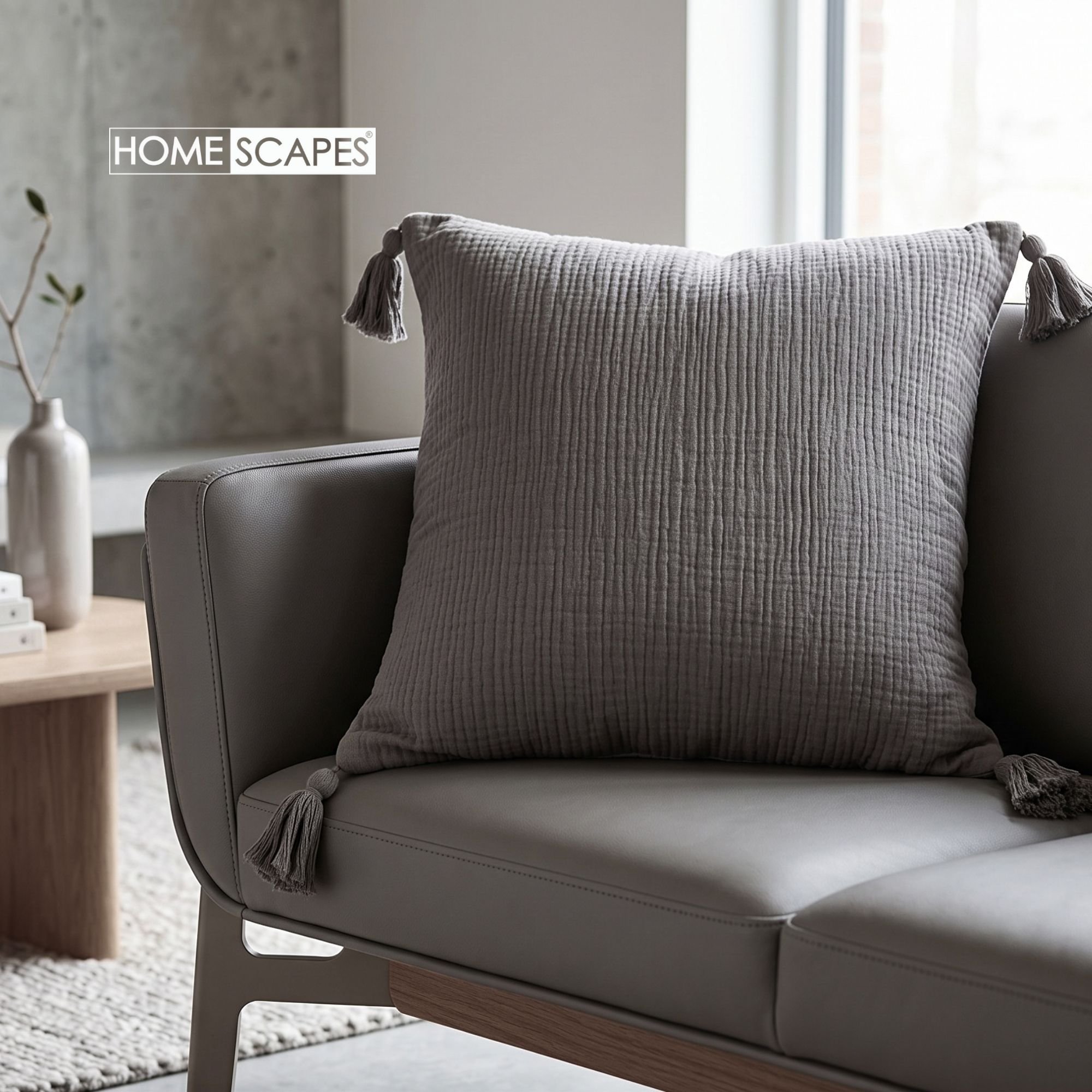 Homescapes Charcoal Grey Handmade Cotton Muslin Filled Cushion - 45 x 45 cm - Image 2