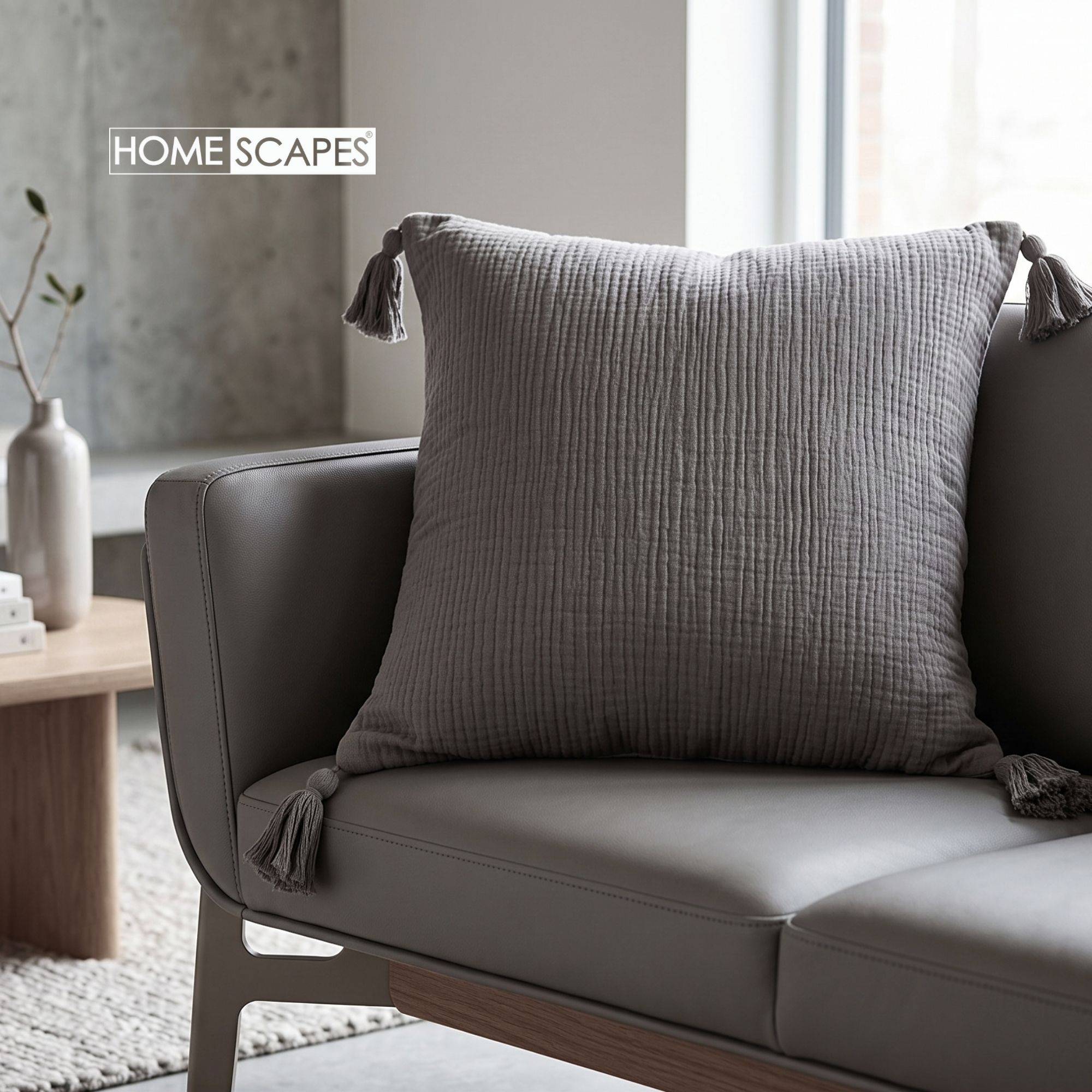 Homescapes Charcoal Grey Handmade Cotton Muslin Filled Cushion - 45 x 45 cm - Image 2