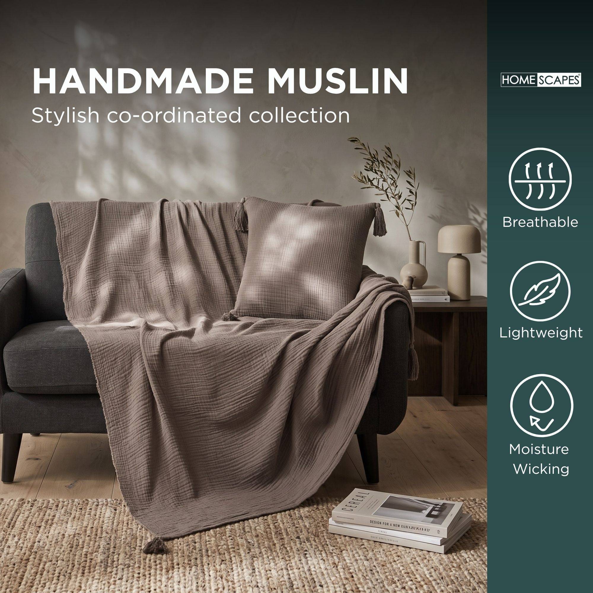 Homescapes Charcoal Grey Handmade Cotton Muslin Filled Cushion - 45 x 45 cm - Image 3