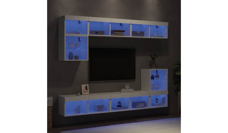 Walplus Pack of 8 LED Engineered Wood TV Wall Unit - White - 80 x 30 x 30 cm