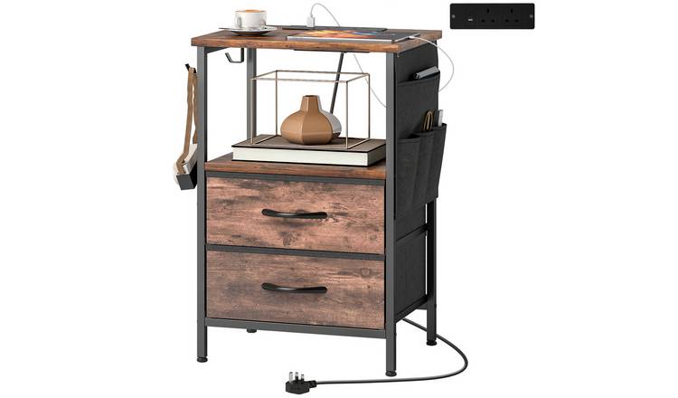 HOMCOM 2 Drawer Bedside Table with Charging Station - Rustic Brown