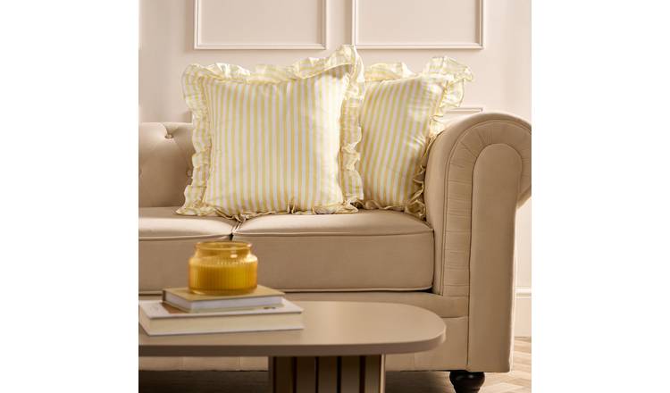 OHS 2 Pack Stripe Frill Cushion Covers 45 x 45cm - Lemon