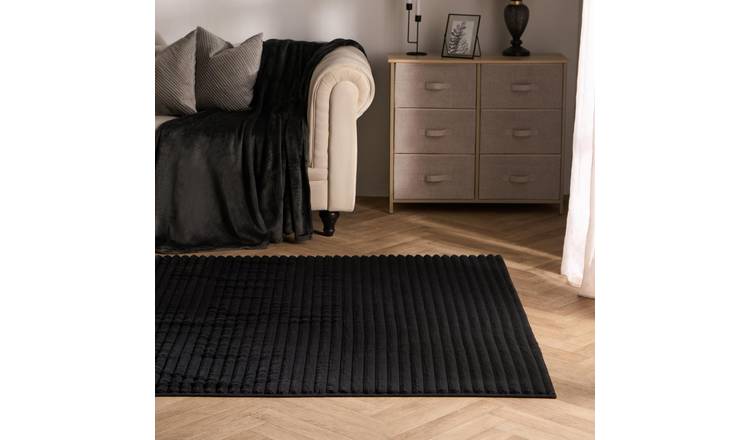 OHS Faux Fur Ribbed Fleece Rug - 160 x 230cm - Black