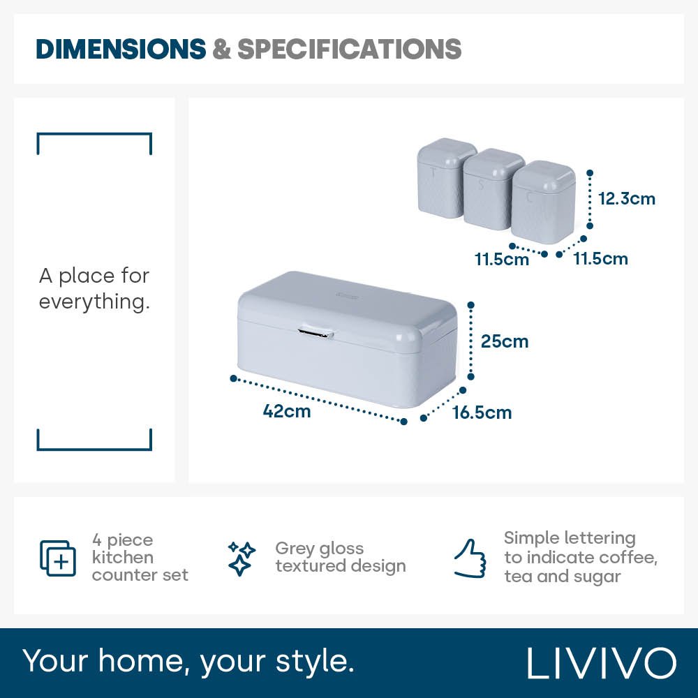 LIVIVO 4 Piece Taurus Bread Bin and Canister Set - Grey - Image 6