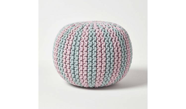 Homescapes Knitted Pouffe Striped Footstool – 35 x 40 cm – Pink and Blue