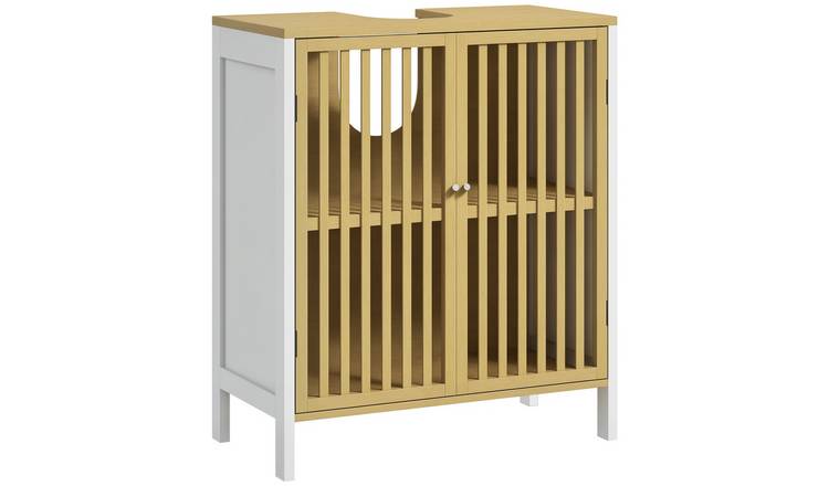 HOMCOM 2 Slat Doors Bamboo Under Sink Bathroom Cabinet - White