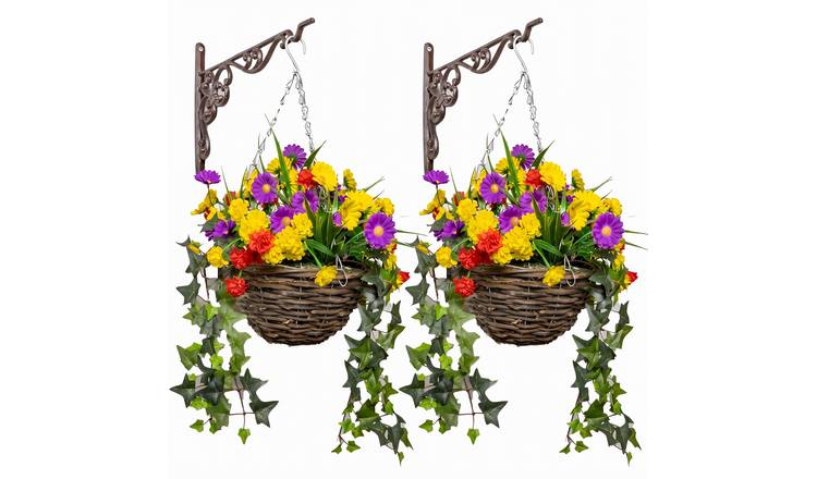 Primrose Pair of Artificial Wildflower Flowers Rattan Hanging Basket 25cm