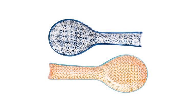 Nicola Spring 2 Piece Hand-Printed Kitchen Spoon Rests - Orange & Navy