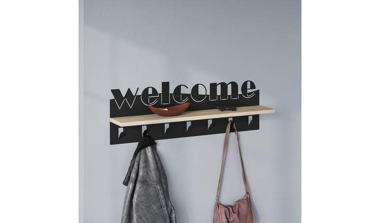 Decortie Welcome Metal Coat Rack with Shelf and Hooks - Oak