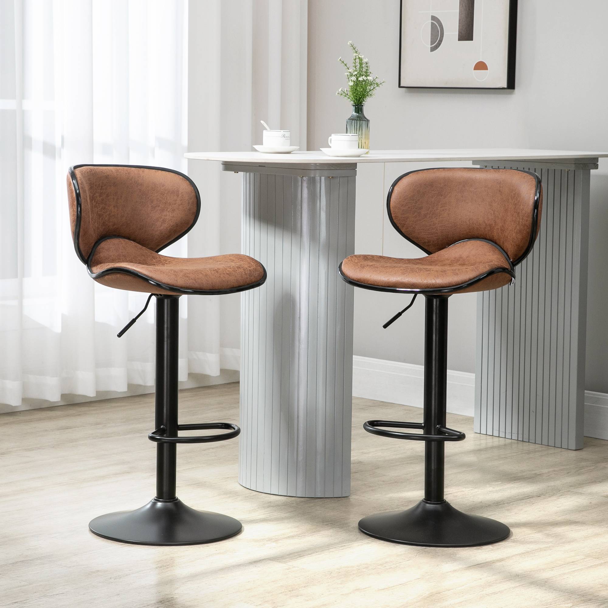 HOMCOM Set of 2 Microfiber Cloth Bar Stool with Swivel Seat - Brown - Image 2