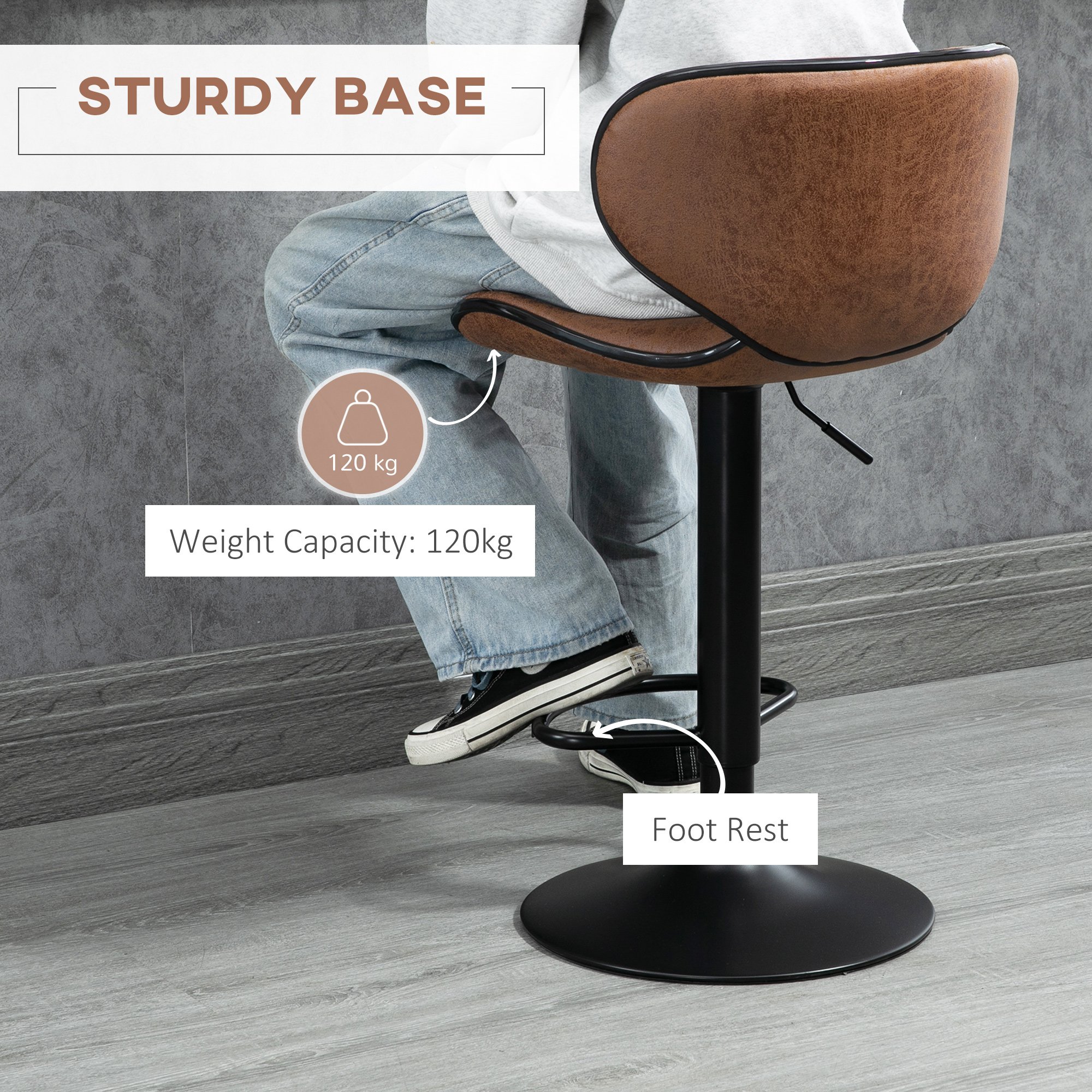HOMCOM Set of 2 Microfiber Cloth Bar Stool with Swivel Seat - Brown - Image 5