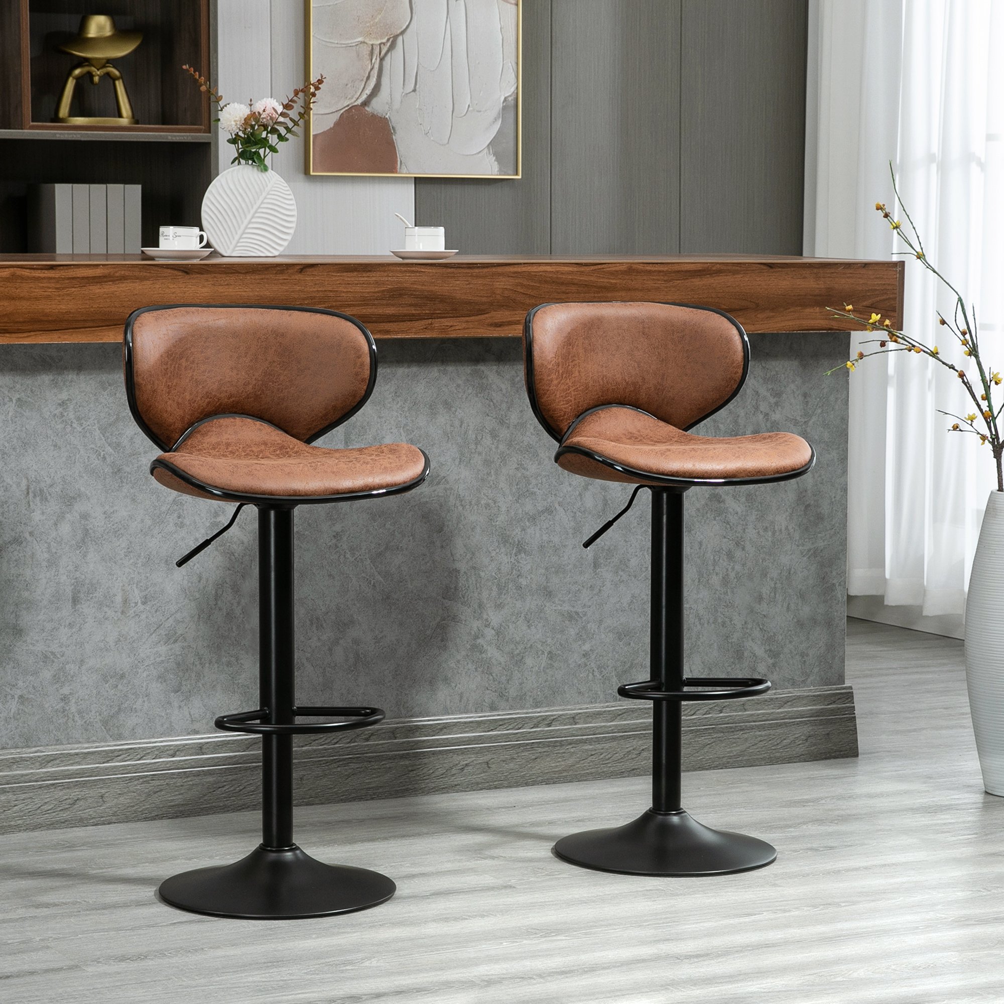 HOMCOM Set of 2 Microfiber Cloth Bar Stool with Swivel Seat - Brown - Image 6