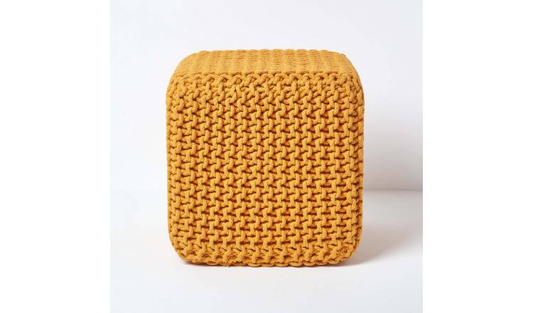 Homescapes Cube Cotton Knitted Pouffe Footstool – Mustard