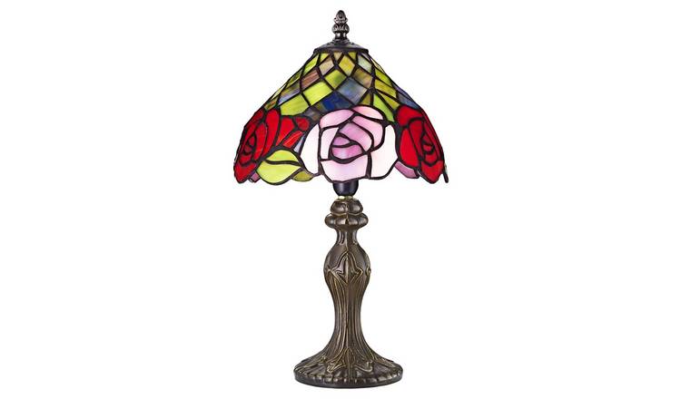 Happy Homewares Red and Pink Rose Decorated Stained Glass Table Lamp - 20cm