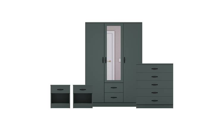 Vida Designs Riano Bedroom Set (Bedsides, 5 Drawer Chest, Mirror Wardrobe)-Green
