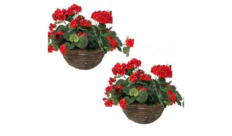 Primrose Pair of Large Artificial Geranium Flowers Rattan Hanging Basket 30cm